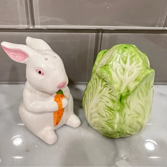 Ceramic Bunny and Cabbage Salt & Pepper Set - Picture 1 of 7